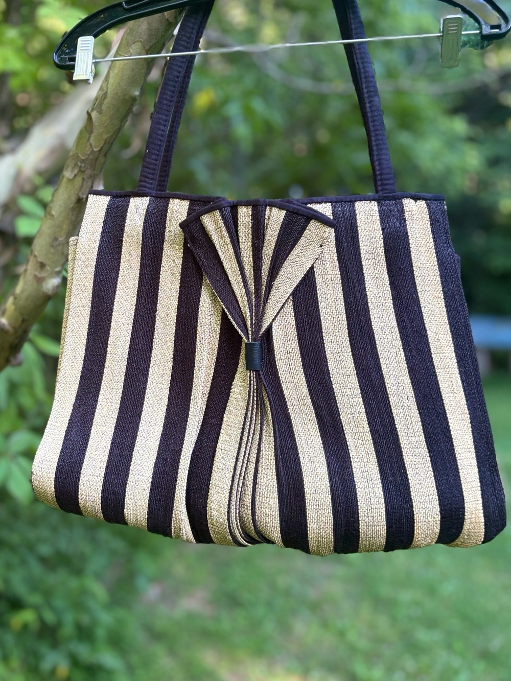 Hand-Loomed Cotton Striped Tote Bag with Brass Detail
